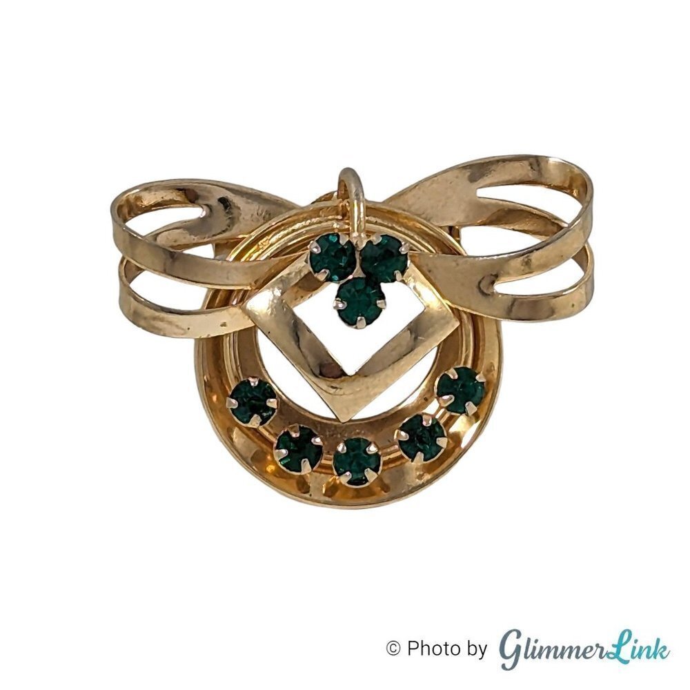 Vintage Art Deco Style Green Rhinestones Bow Wreath Gold Tone Brooch Pendant